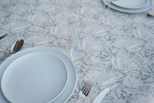 Mantel Antimanchas Haute Couture Estampado Hojas Gris y Blanco