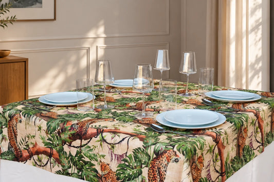 Mantel Antimanchas Hojas Tropicales y Leopardos Verde y Beis Estilo Exótico