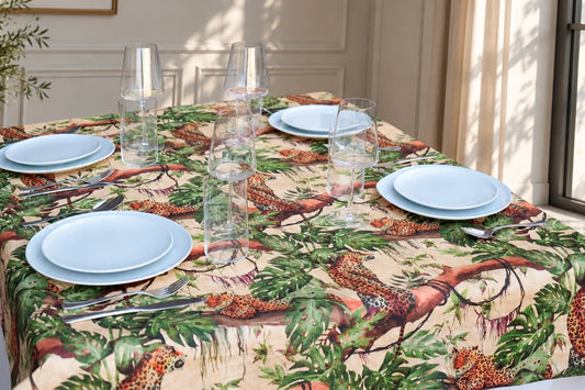 Mantel Antimanchas Hojas Tropicales y Leopardos Verde y Beis Estilo Exótico
