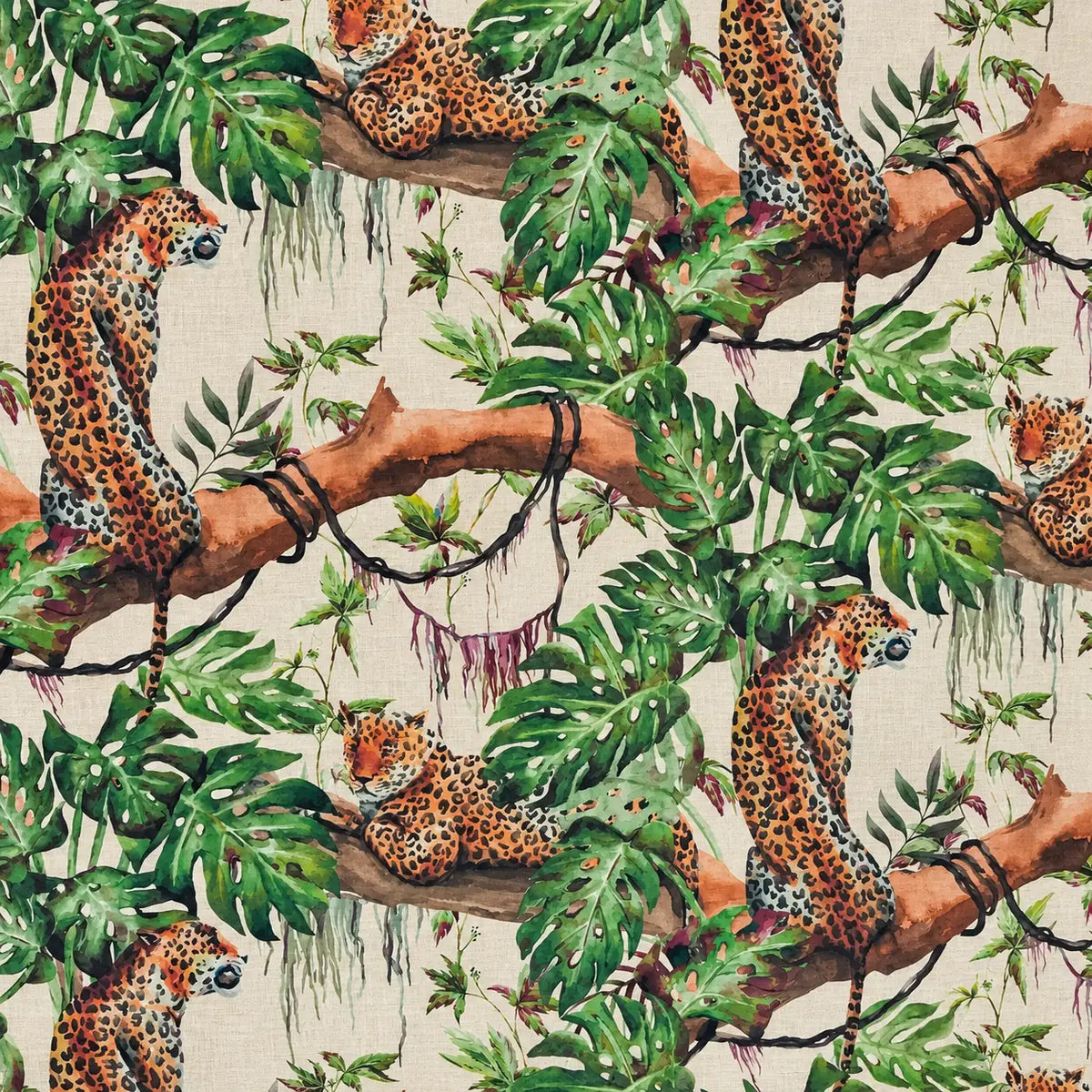 Mantel Antimanchas Hojas Tropicales y Leopardos Verde y Beis Estilo Exótico