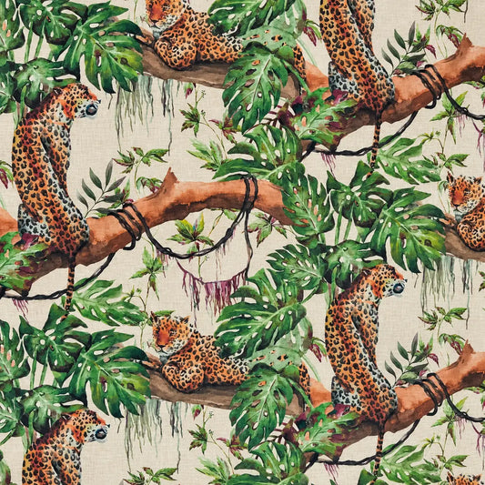 Mantel Antimanchas Hojas Tropicales y Leopardos Verde y Beis Estilo Exótico