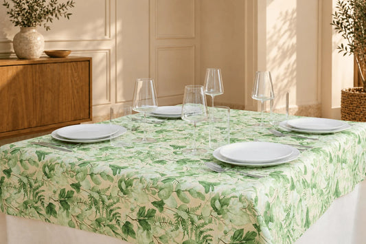 Mantel Antimanchas Hojas de Eucalipto y Helechos Verde y Beis