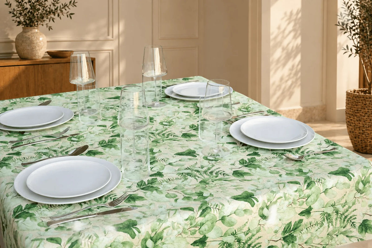 Mantel Antimanchas Hojas de Eucalipto y Helechos Verde y Beis
