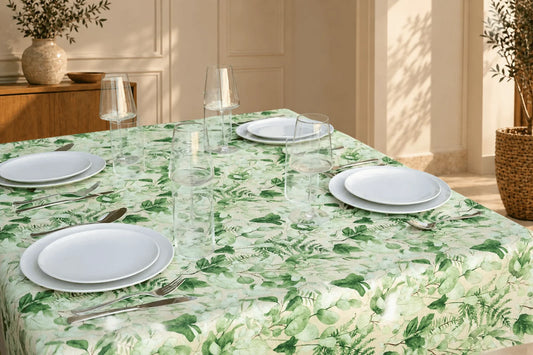 Mantel Antimanchas Hojas de Eucalipto y Helechos Verde y Beis