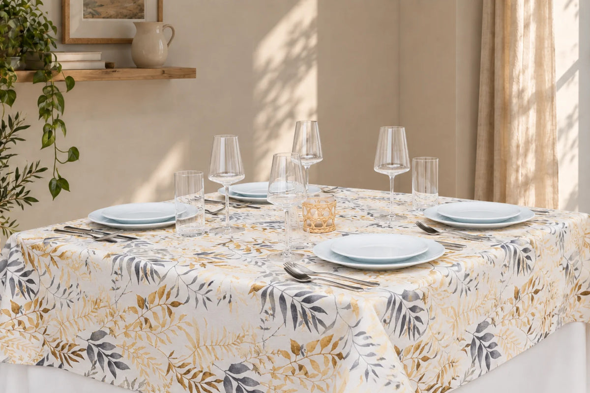 Mantel Antimanchas Botánico Hojas de Jacquard Beige y Dorado