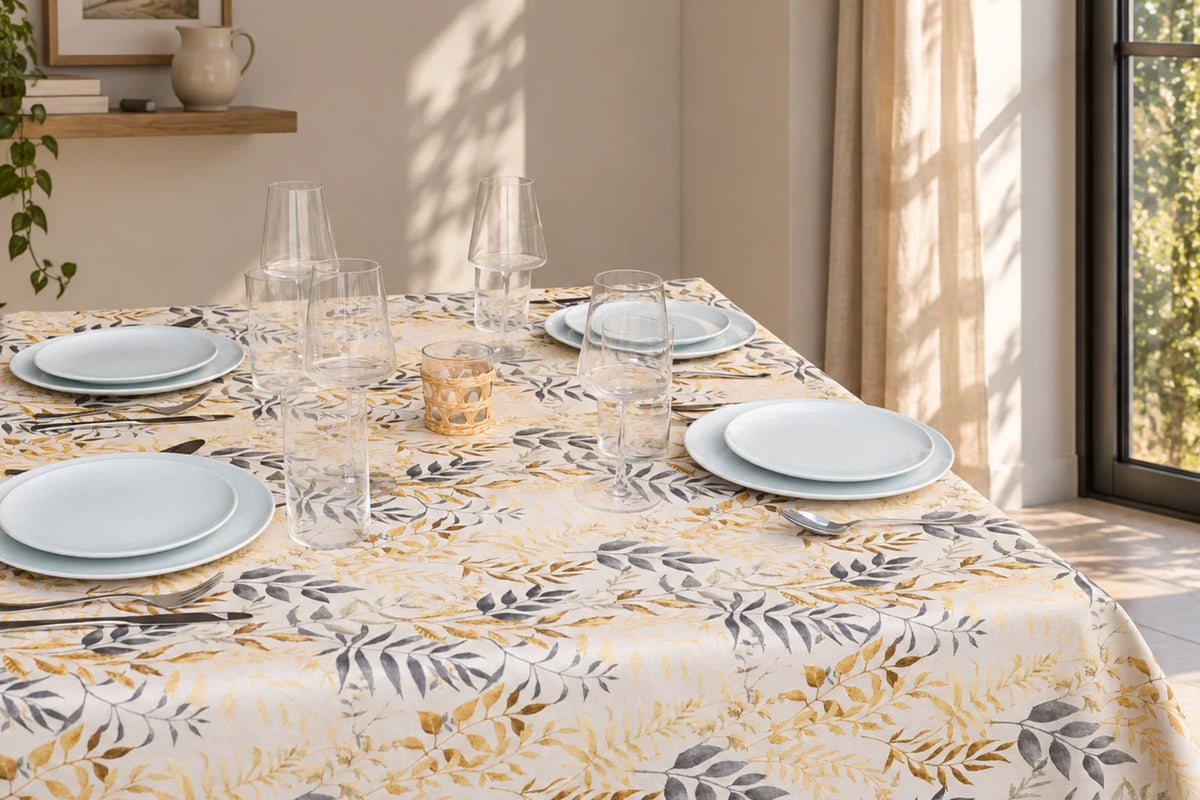 Mantel Antimanchas Botánico Hojas de Jacquard Beige y Dorado