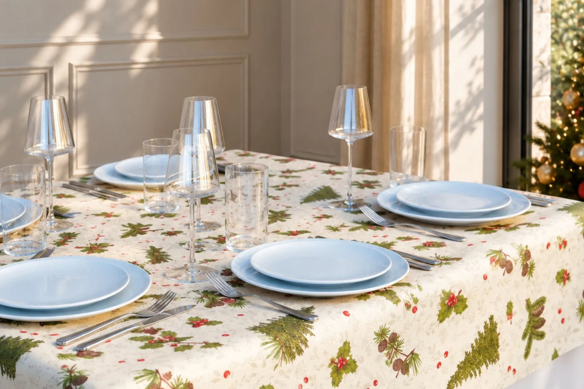 Mantel Antimanchas Navideño Abetos y Bayas Rojas, Estilo Botánico
