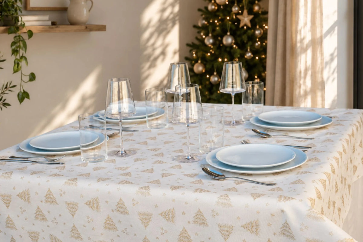 Mantel Antimanchas Navideño Árboles Dorados
