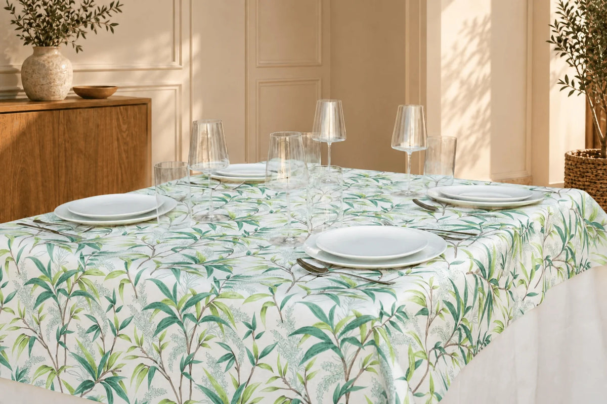 Mantel Antimanchas Ramas de Sauce y Helechos Verde y Blanco