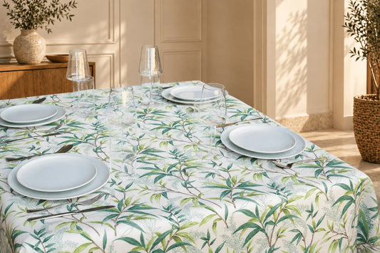 Mantel Antimanchas Ramas de Sauce y Helechos Verde y Blanco