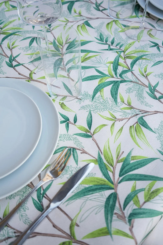 Mantel Antimanchas Ramas de Sauce y Helechos Verde y Blanco