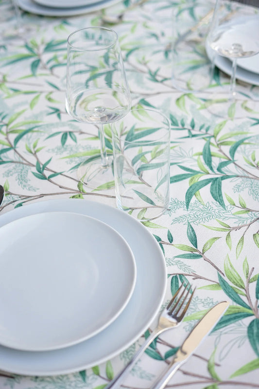 Mantel Antimanchas Ramas de Sauce y Helechos Verde y Blanco