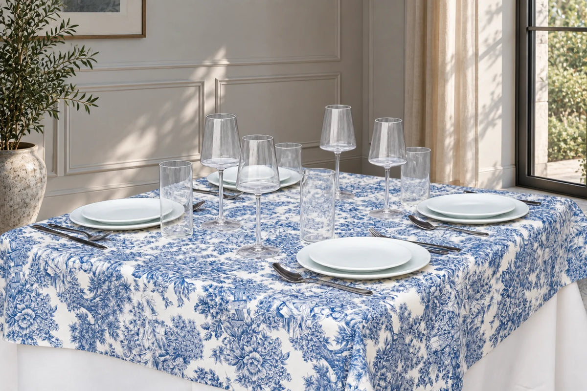 Mantel Antimanchas Toile de Jouy Azul y Blanco