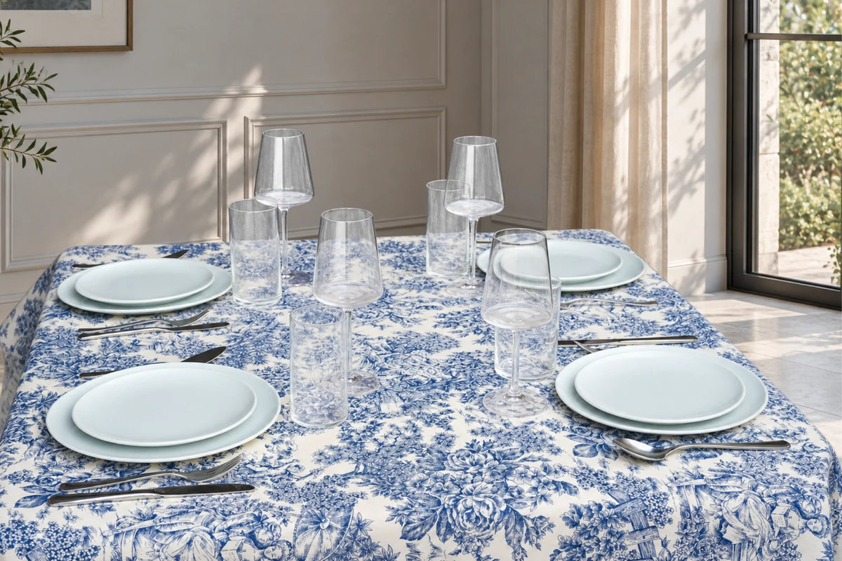 Mantel Antimanchas Toile de Jouy Azul y Blanco