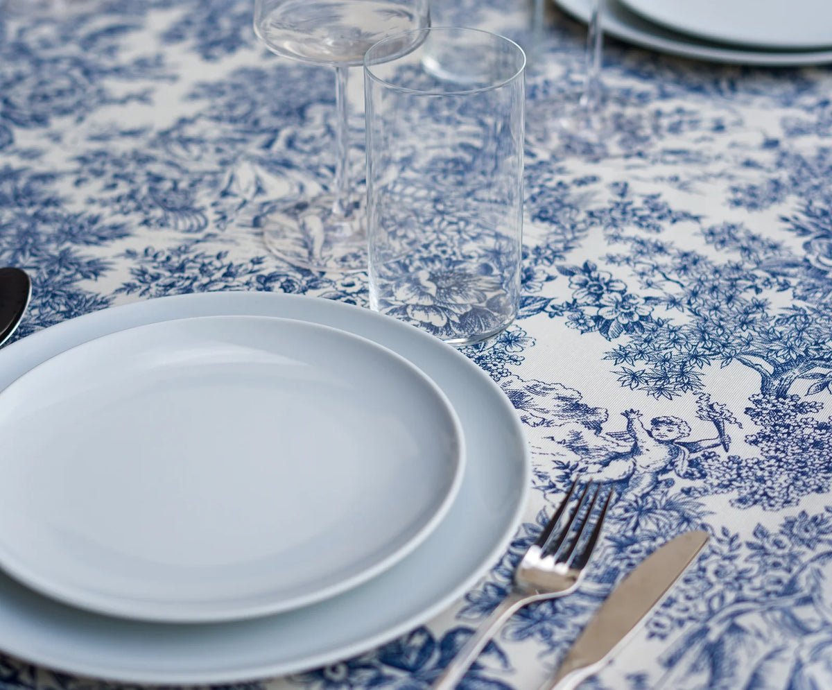 Mantel Antimanchas Toile de Jouy Azul y Blanco