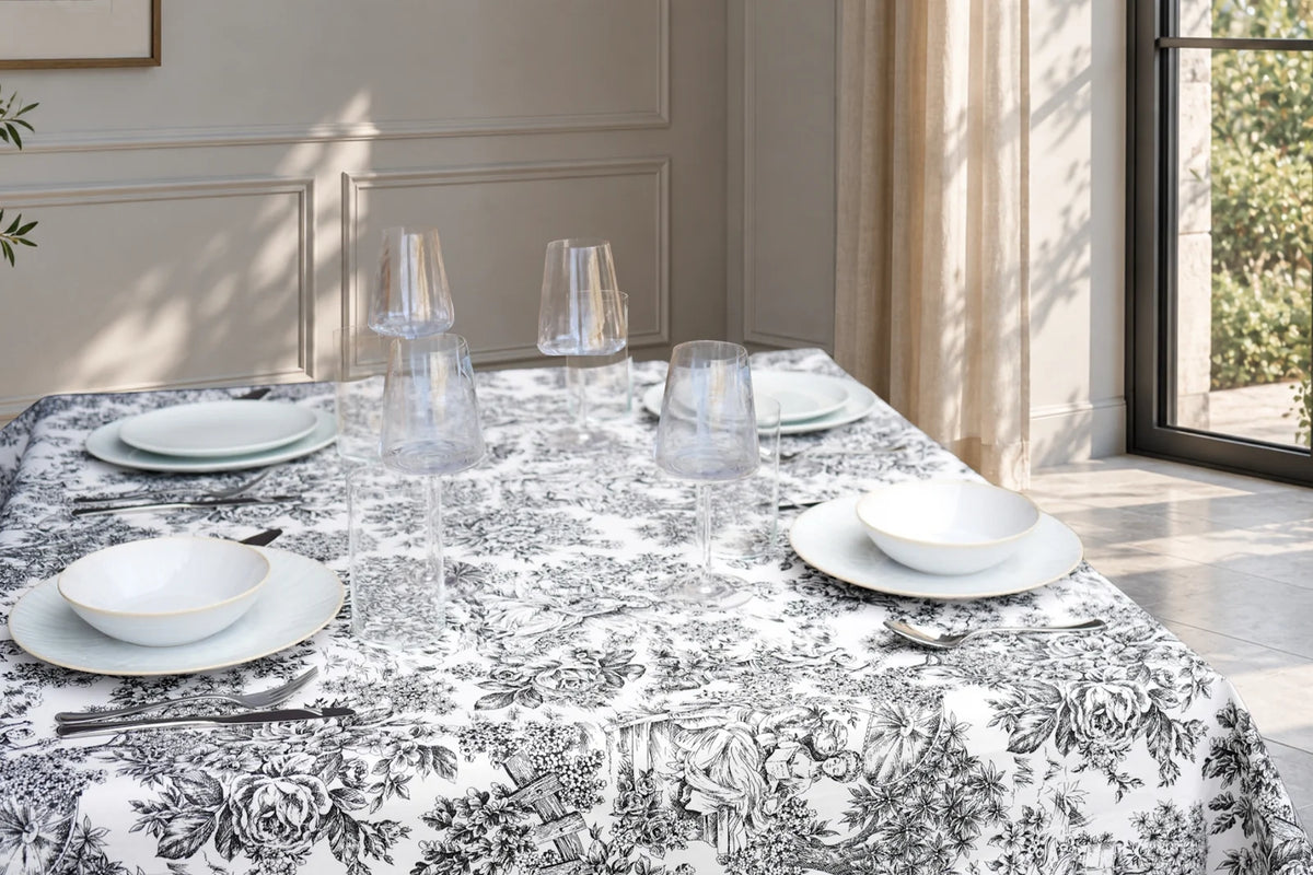 Mantel Antimanchas Toile de Jouy Negro y Blanco