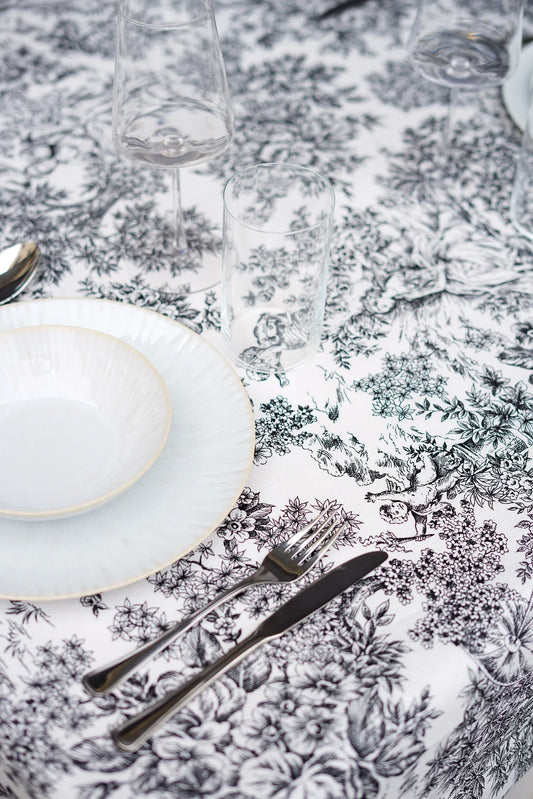Mantel Antimanchas Toile de Jouy Negro y Blanco