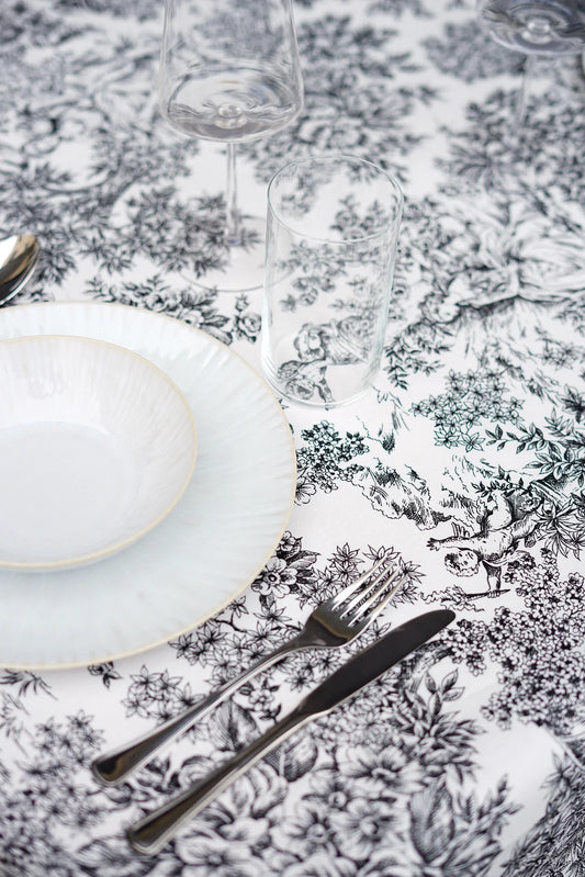 Mantel Antimanchas Toile de Jouy Negro y Blanco