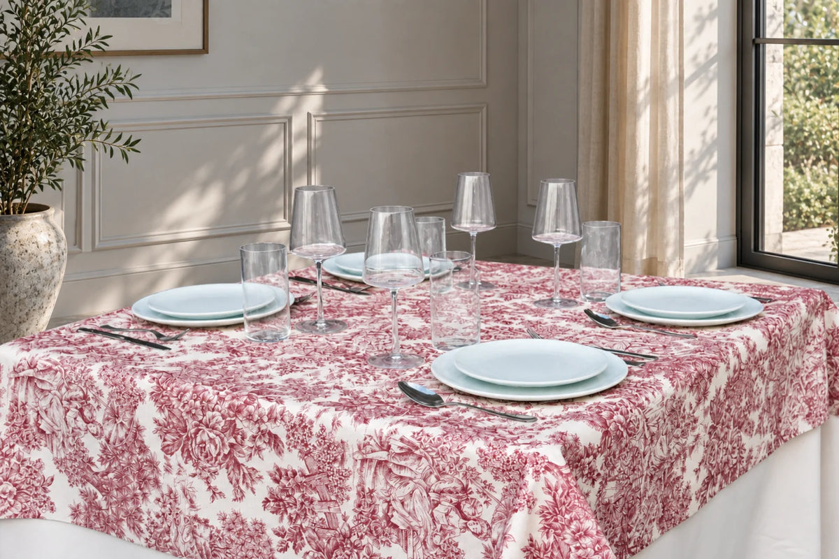 Mantel Antimanchas Toile de Jouy Rojo Burdeos y Blanco