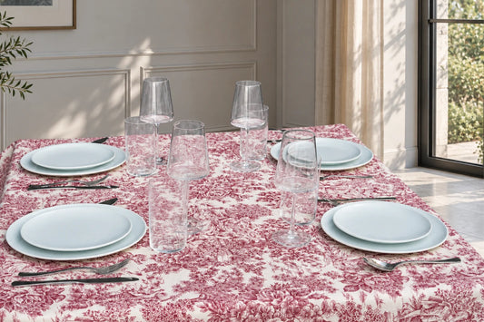 Mantel Antimanchas Toile de Jouy Rojo Burdeos y Blanco