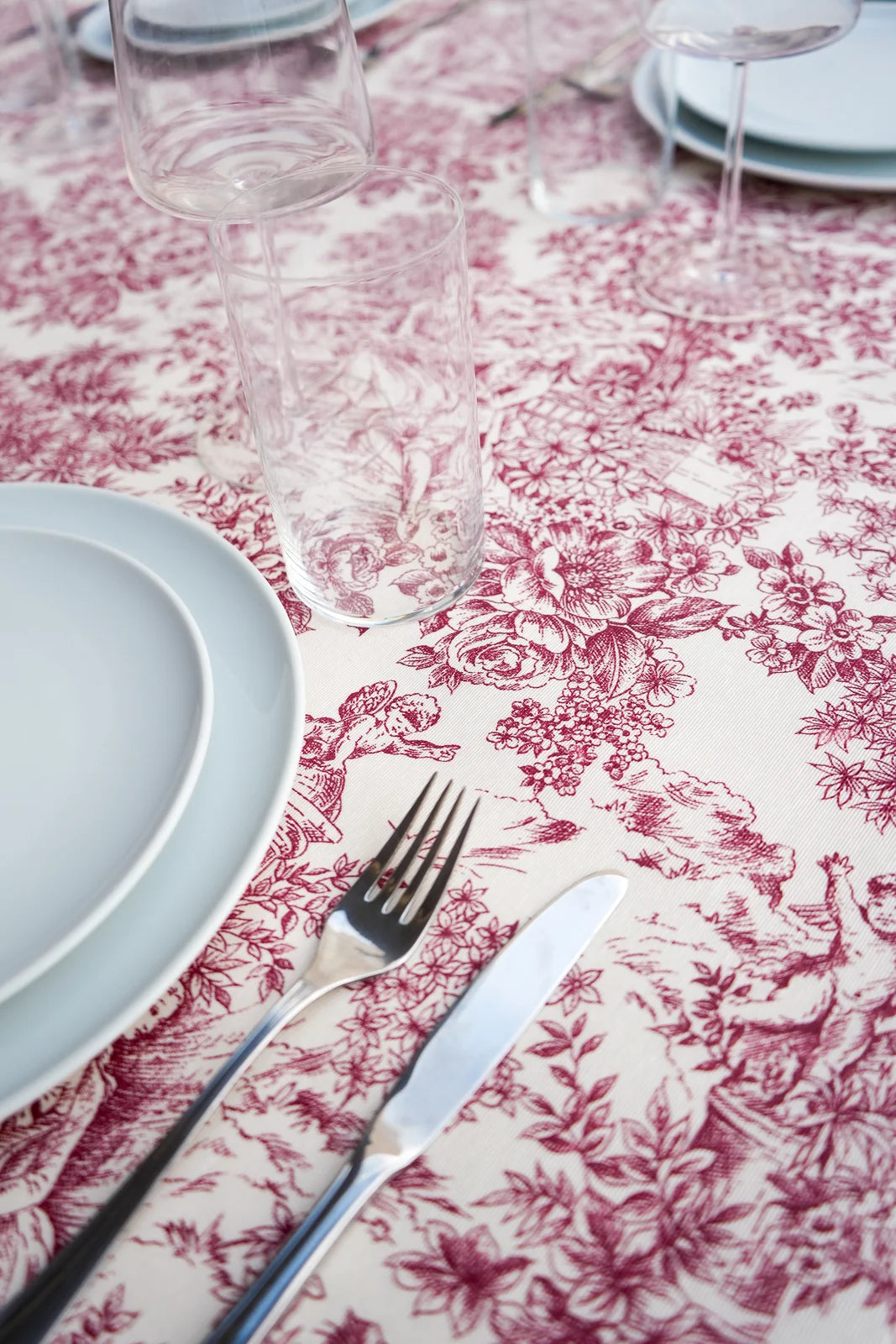 Mantel Antimanchas Toile de Jouy Rojo Burdeos y Blanco