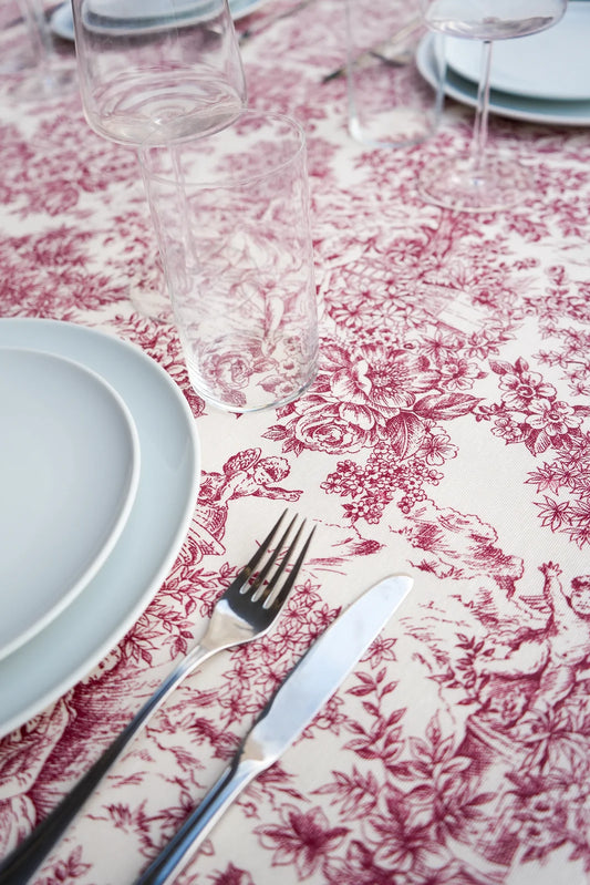 Mantel Antimanchas Toile de Jouy Rojo Burdeos y Blanco