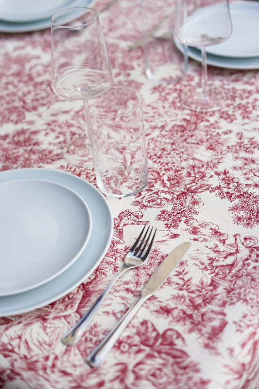 Mantel Antimanchas Toile de Jouy Rojo Burdeos y Blanco