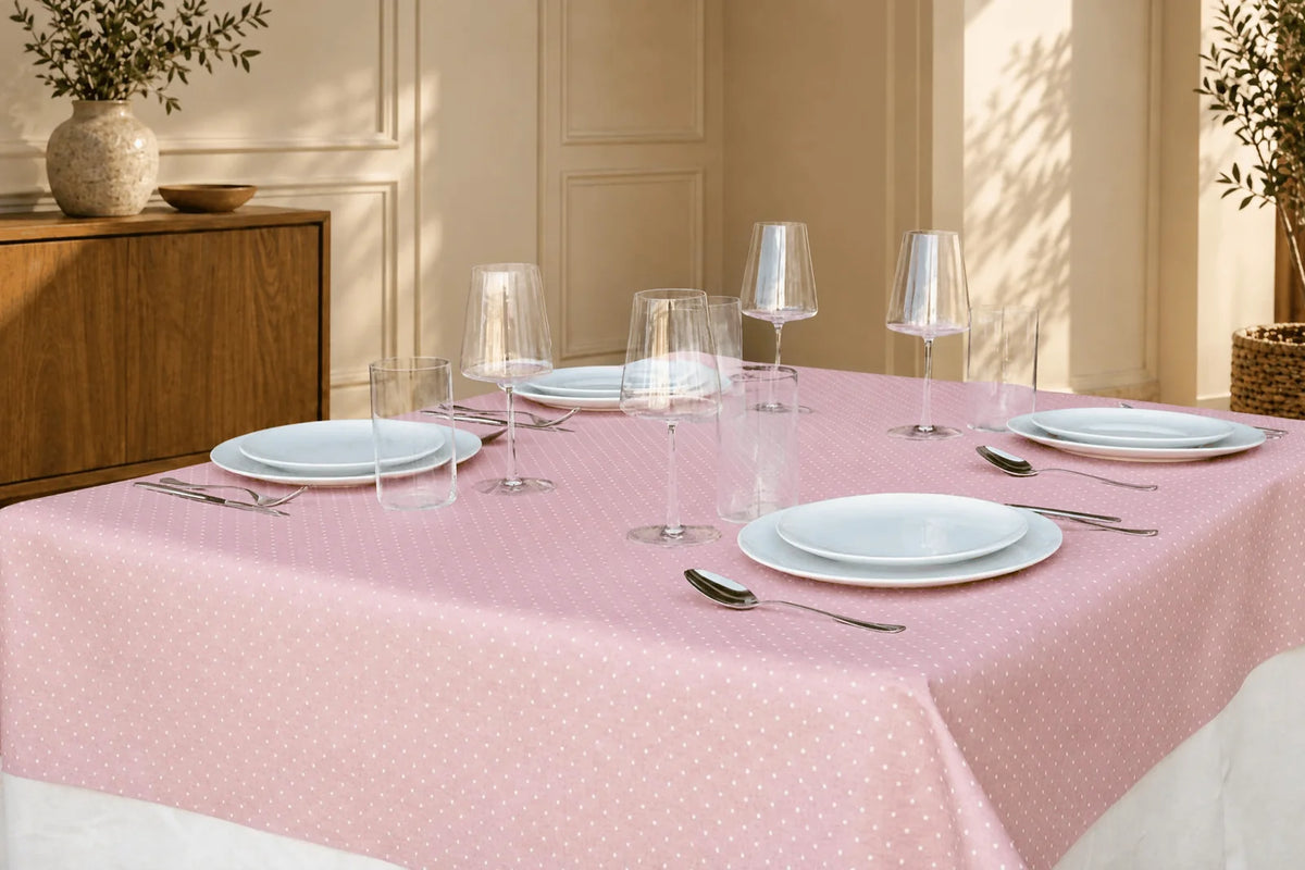 Mantel Antimanchas Topos Lunares Rosa Pastel y Blanco