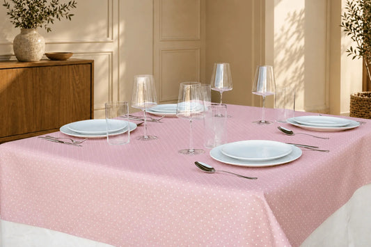 Mantel Antimanchas Topos Lunares Rosa Pastel y Blanco