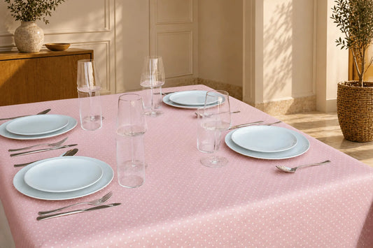 Mantel Antimanchas Topos Lunares Rosa Pastel y Blanco