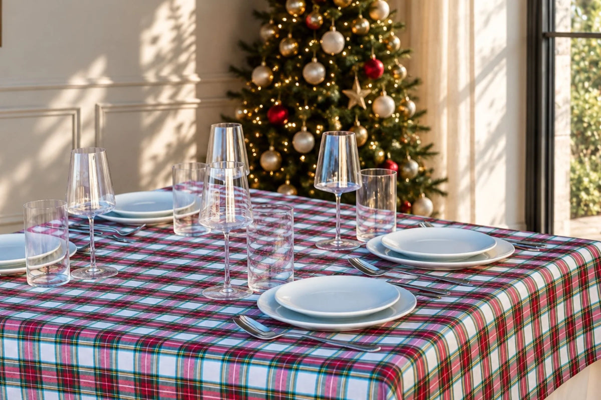 Mantel Antimanchas a Cuadros Escoceses Blancos, Estilo Tartán y Navideño