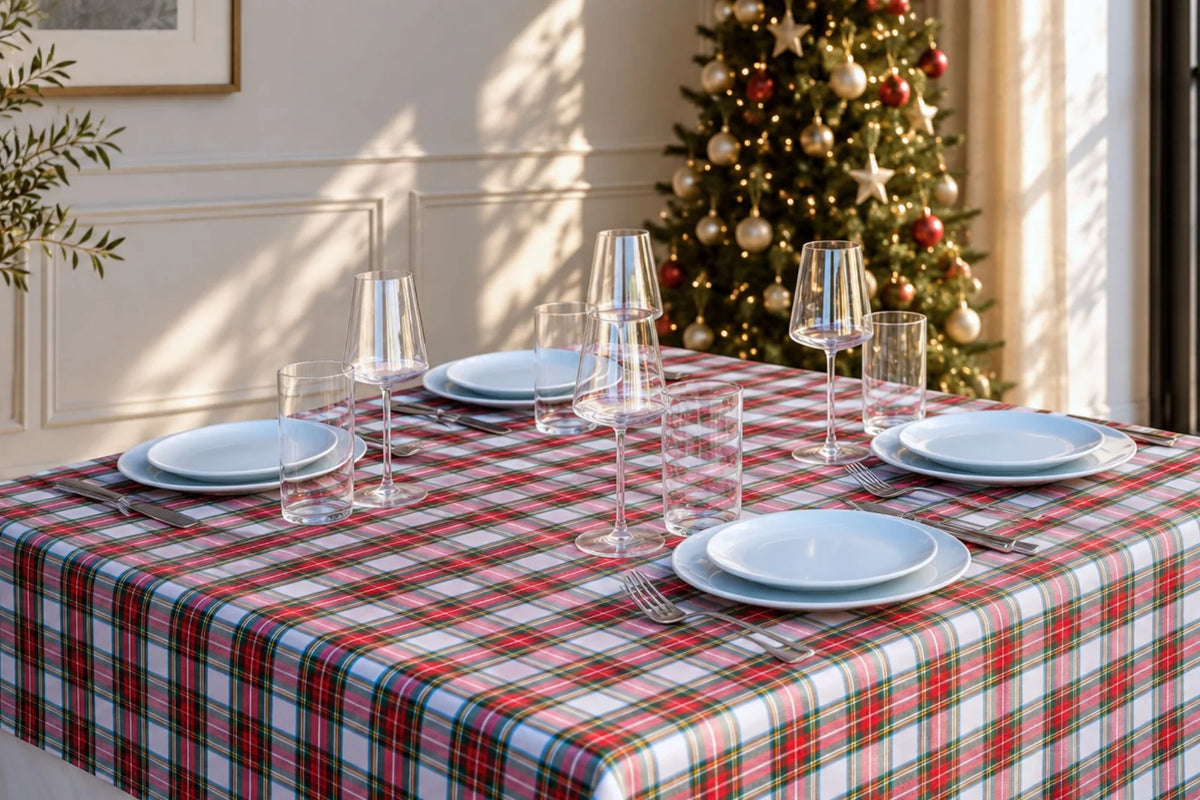 Mantel Antimanchas a Cuadros Escoceses Blancos, Estilo Tartán y Navideño