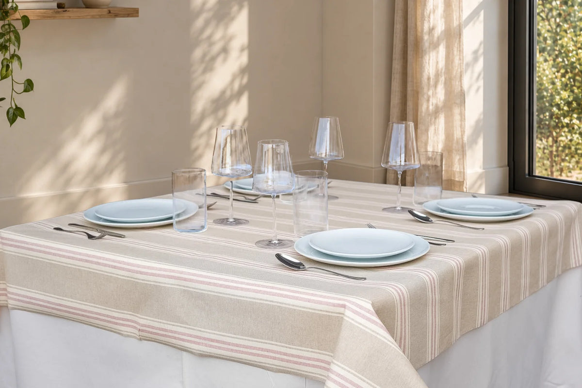 Mantel Antimanchas a Rayas Rosa y Beige Modelo Toscana