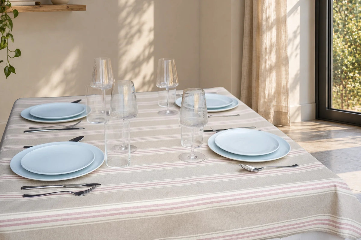 Mantel Antimanchas a Rayas Rosa y Beige Modelo Toscana