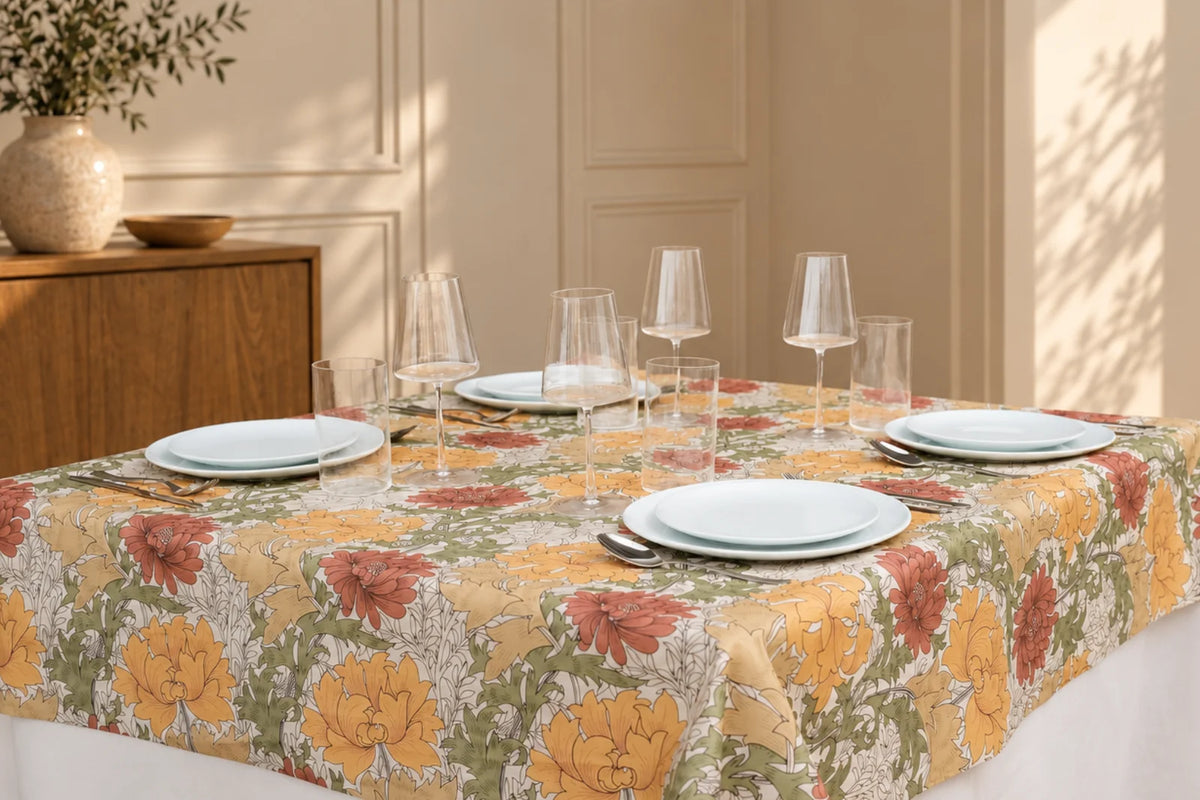 Mantel Resinado Estampado Botánico Ocre, Terracota y Verde, Diseño Vintage