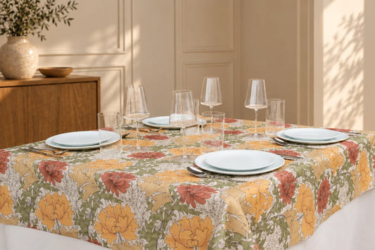 Mantel Resinado Estampado Botánico Ocre, Terracota y Verde, Diseño Vintage