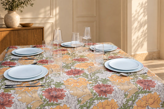 Mantel Resinado Estampado Botánico Ocre, Terracota y Verde, Diseño Vintage