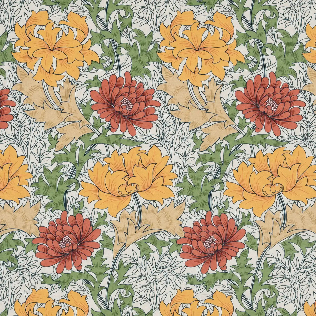 Mantel Resinado Estampado Botánico Ocre, Terracota y Verde, Diseño Vintage