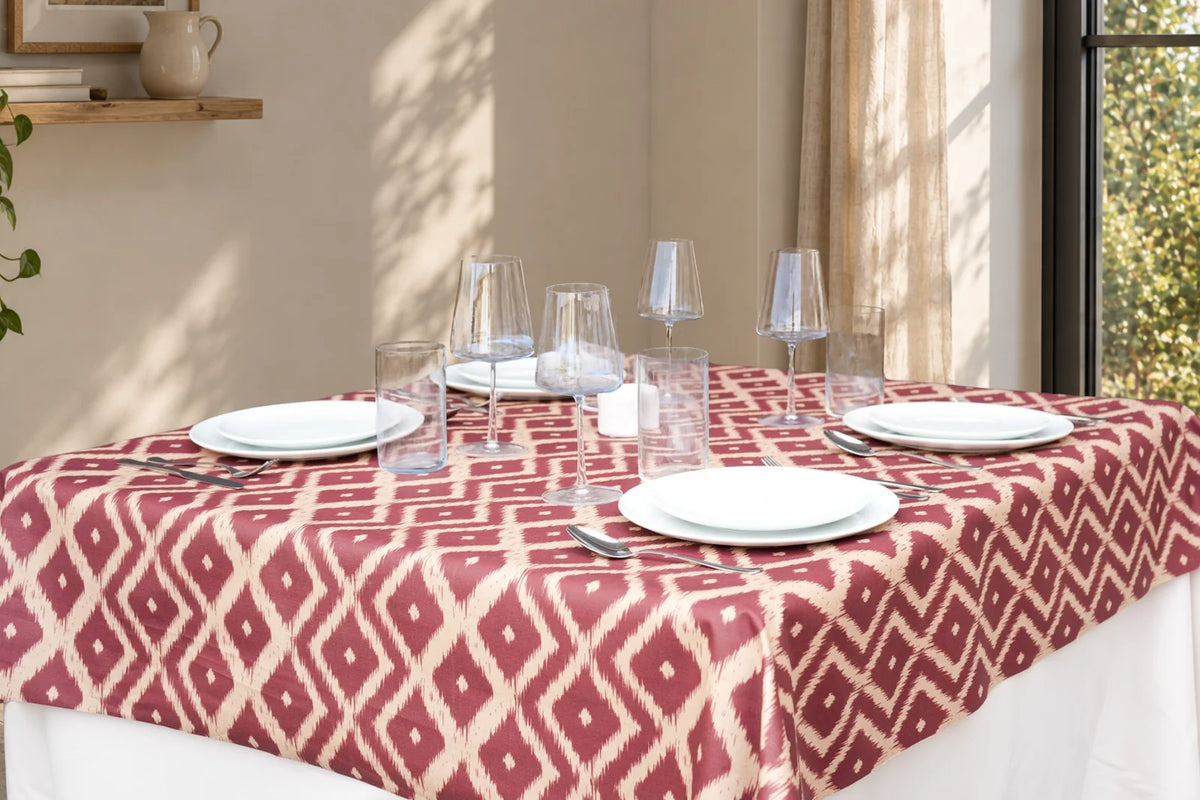 Mantel Resinado de Diseño Ikat Geométrico Rojo Granate