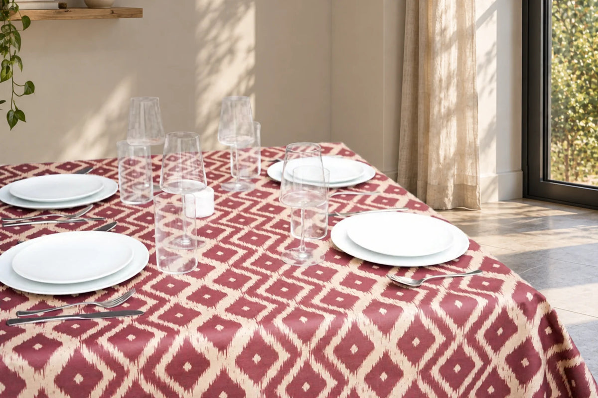 Mantel Resinado de Diseño Ikat Geométrico Rojo Granate