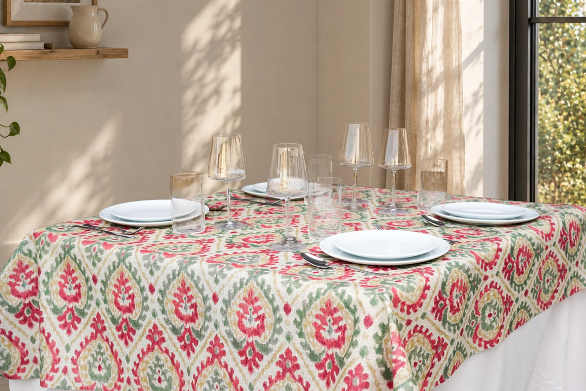 Mantel Resinado de Diseño Ikat Tradicional Rojo y Salvia