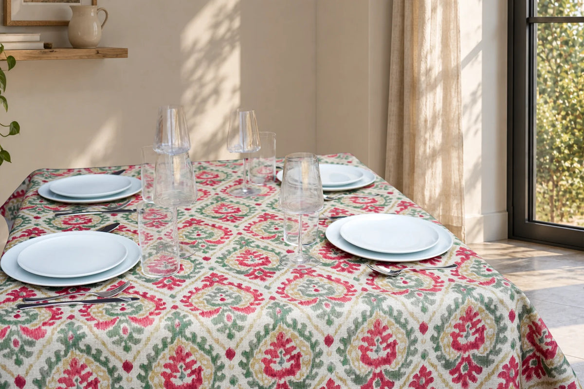 Mantel Resinado de Diseño Ikat Tradicional Rojo y Salvia